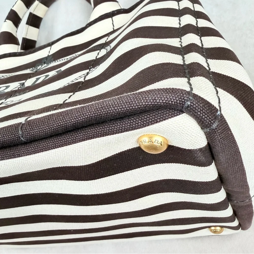 Prada Canapa Tote Chocolate Brown & Ivory Stripes w Strap + Dust Bags